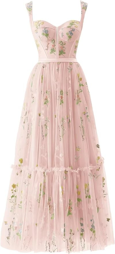 Basgute Women's Flower Embroidery Tulle Prom Dresses Tea Length Corset A Line Fairy Formal Evenin... | Amazon (US)