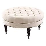 Benjara Fabric Upholstered Round Tufted Ottoman with Wood Legs,White and Black | Amazon (US)