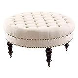 Benjara Fabric Upholstered Round Tufted Ottoman with Wood Legs,White and Black | Amazon (US)