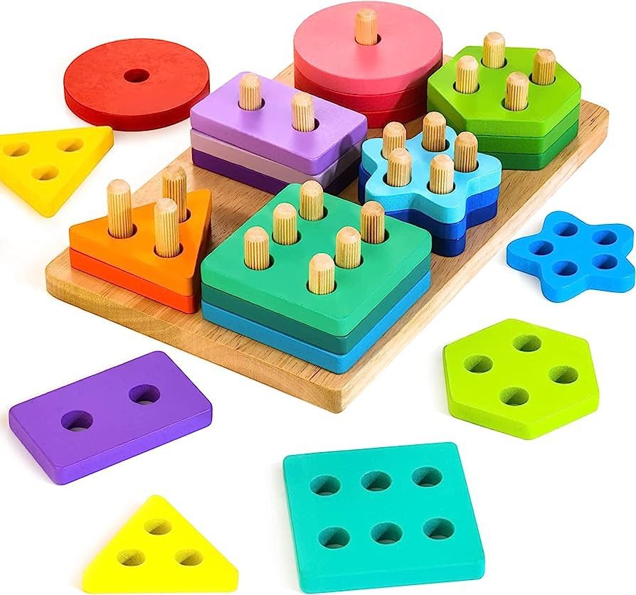 HELLOWOOD Wooden Sorting & Stacking Toys, Montessori Toys for 1 2 3 Years Old Toddlers, Shape Sor... | Amazon (US)