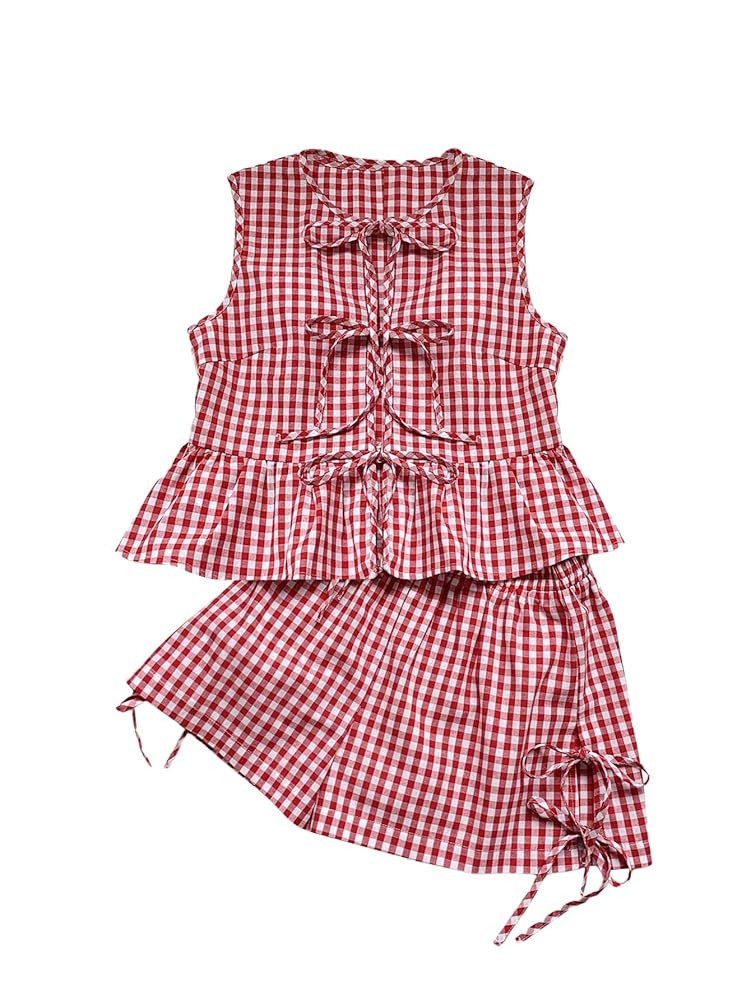 Milumia Women's 2 Piece Outfit Plaid Gingham Bow Tie Ruffle Hem Tank Top and Shorts Set Matching ... | Amazon (US)