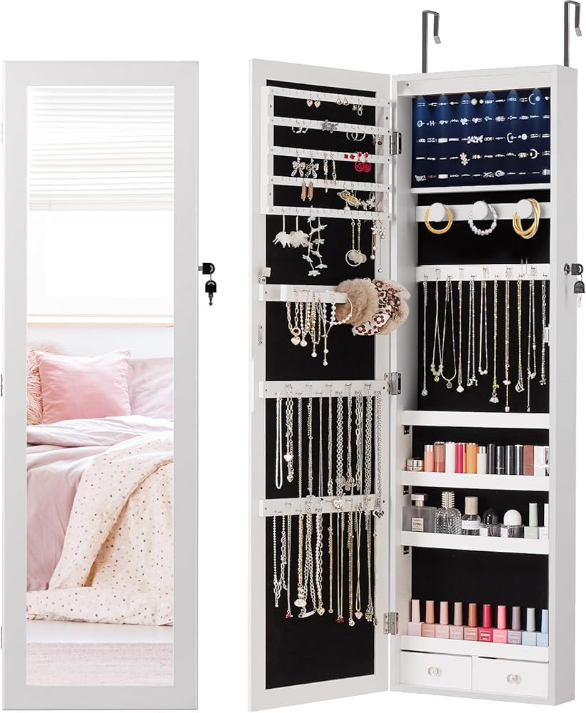 DUMOS 6 LEDs Mirror Jewelry Cabinet, Wall or Door Mounted Jewelry Organizer, 47.2-Inch Tall Locka... | Amazon (US)