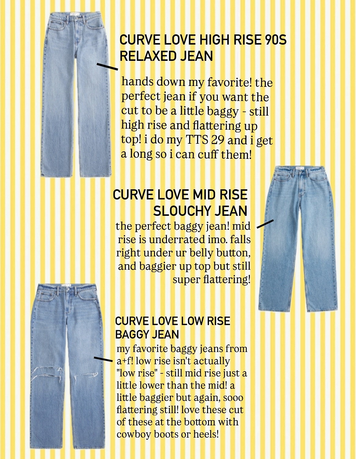 abercrombie viral denim event is here!

these are my 3 favorite curve love jeans! i am usually a 29R pre-pregnancy but i am in a 30 postpartum! i am 5’4 and 160 lbs right now! 

abercrombie just dropped 30–50% off all jeans + stack code denimaf for an extra 15% off 🙌 (yes, it works on sale!). free shipping on qualifying orders too. ends august 11—don’t wait, sizes go fast!! 

how to shop:
1.	tap any image to shop my linked abercrombie denim picks.
2.	add your favorites to your cart.
3.	enter denimaf at checkout for the extra 15% off.

linked my denim faves so you can grab your size before it’s gone!
