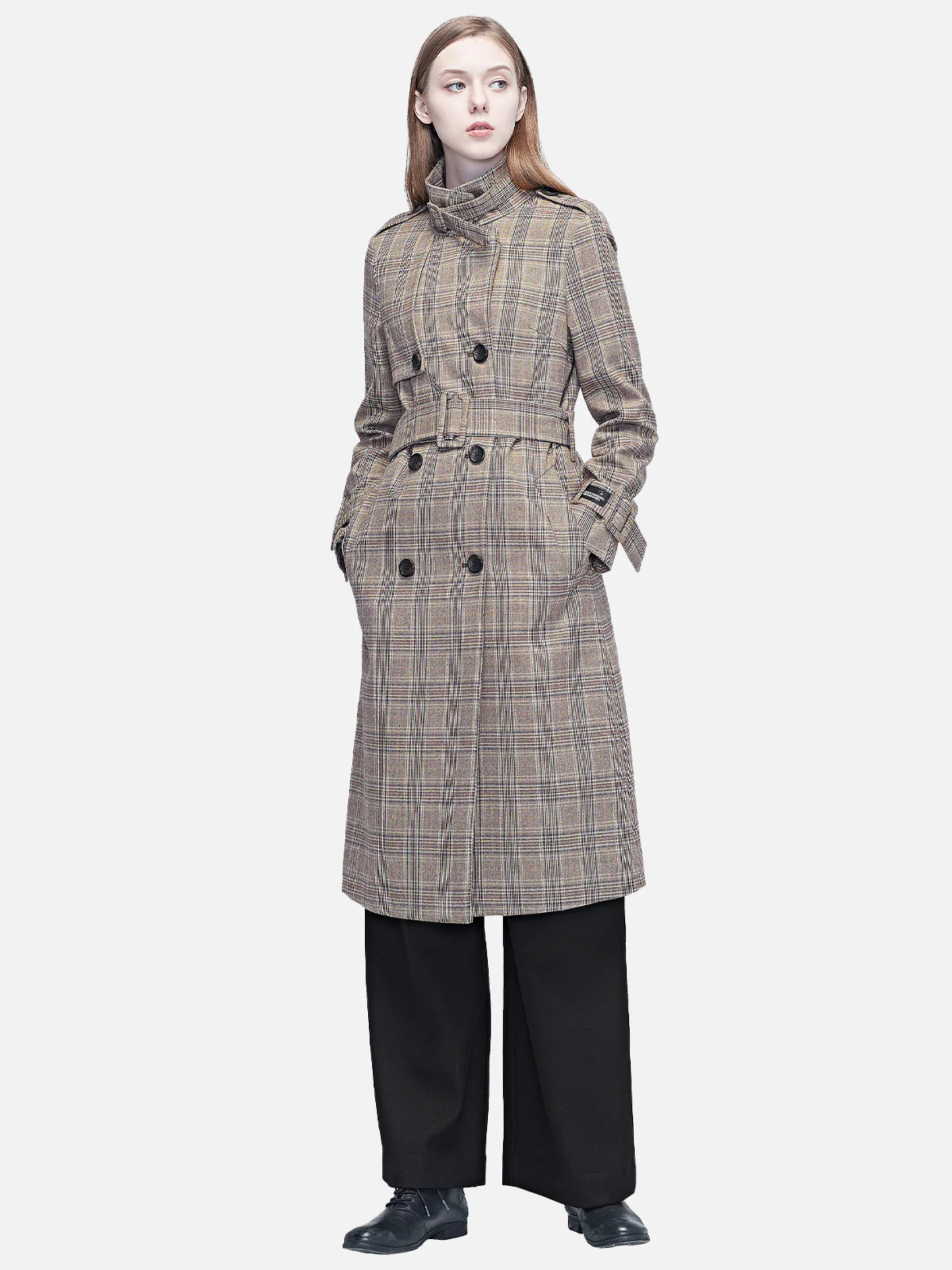 Stylish Plaid Stitching Waist Long Jacket | SDEER