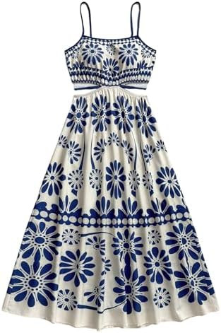 Floerns Women's Cut Out Tropical Spaghetti Strap Midi Dress Beach Vacation Flowy Dresses | Amazon (US)