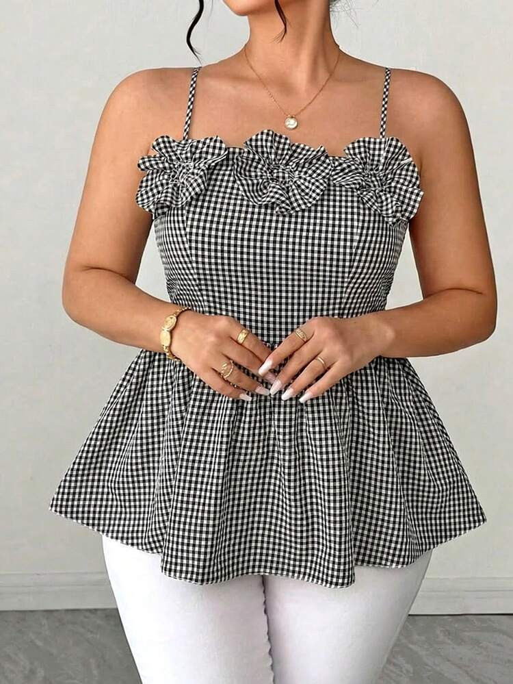 Elenzga Plus Size Women's Elegant 3D Floral Textured Black And White Camisole Top,Summer Cute Everyday Versatile For ,Parties,Wedding Season&Holidays | SHEIN