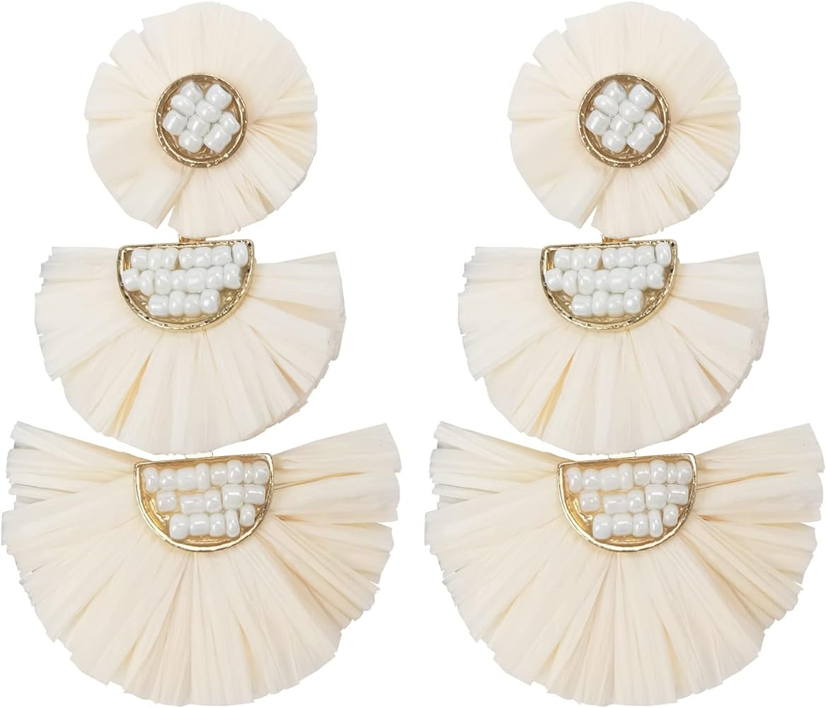 Statement Earrings Beaded Raffia Palm Bohemian Drop Dangle Earrings for women | Amazon (US)