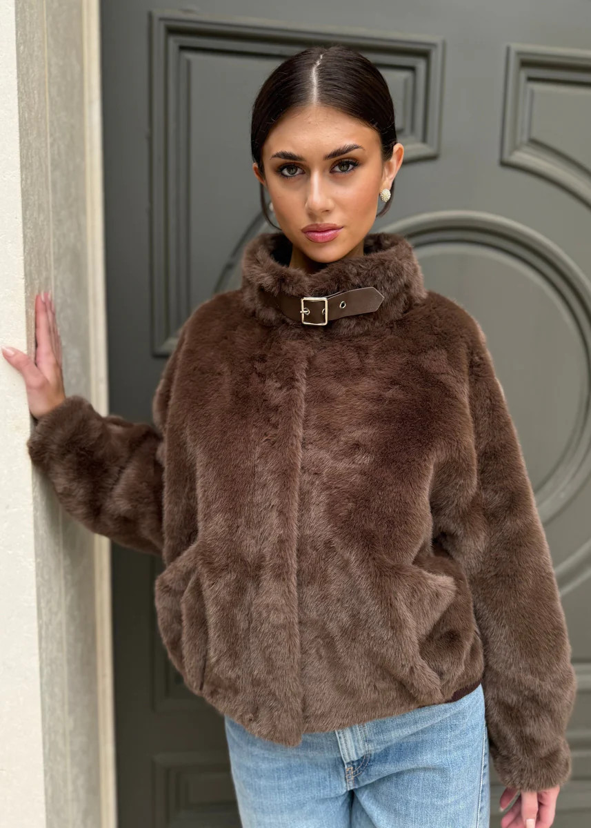 Margaux Buckle Strap Collar Long Sleeve Faux Fur Coat - Chocolate Brow | Benaar La