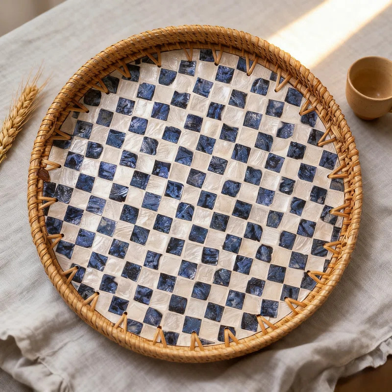 Christmas Large Rattan Serving Tray With Mother Of Pearl Inlay, Coastal Boho Handcrafted Wicker T... | Wayfair North America