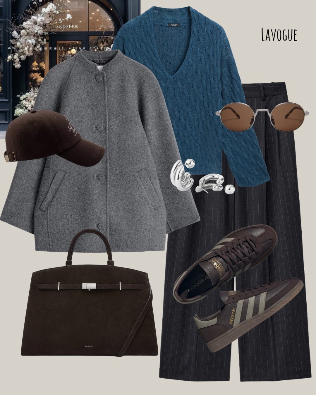A classic-with-a-twist kind of look.
A cozy blue cable knit layered over black pinstripe pants gives that perfect mix of relaxed and tailored. Add a grey wool jacket for structure, and Adidas sneakers for everyday ease. The chocolate brown suede Demellier bag brings warmth and texture—an easy way to elevate a casual outfit without trying too hard. 

Shop Below 👇🏼 

#LTKootd #LTKWorkwear #LTKSeasonal