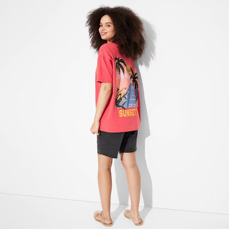 Women's Short Sleeve High Neck Oversized Graphic T-Shirt - Wild Fable™ Cherry Red XXS | Target
