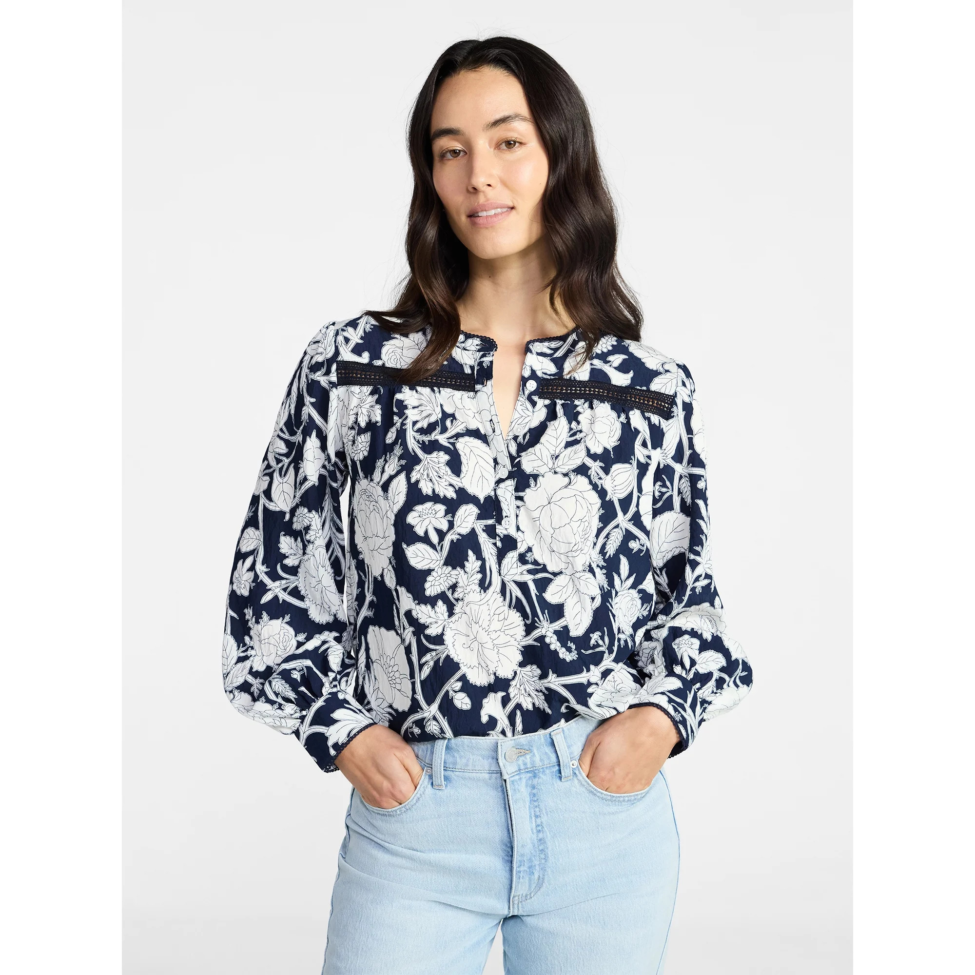 Time and Tru Women's Lace Yoke Shirt with Long Sleeves Sizes XS-XXXL | Walmart (US)