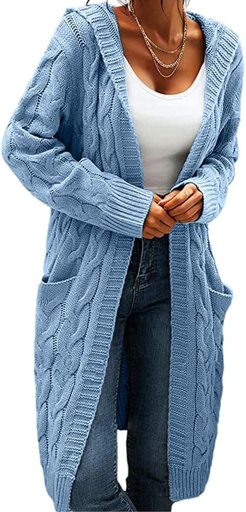 Women Hooded Open Front Cardigan Cable Knit Sweaters Solid Color Chunky Long Sweater Coats | Amazon (US)