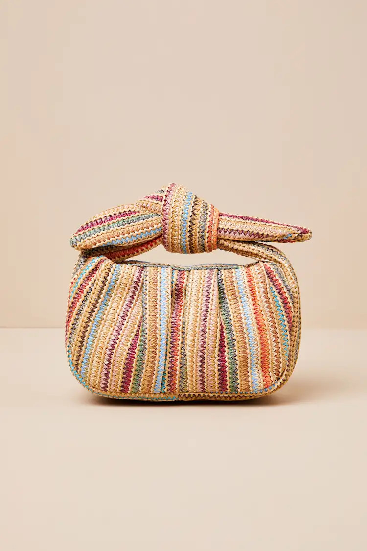 Essential Style Beige Multi Striped Woven Knot Handle Clutch | Lulus
