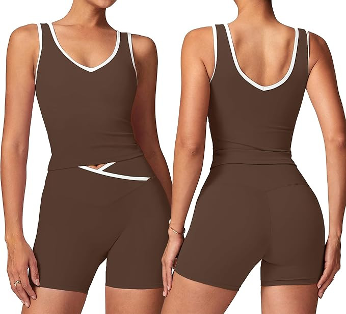 SUUKSESS Women 2 Piece Workout Sets Built in Bra Yoga Tank Top High Waisted Tummy Control Biker S... | Amazon (US)