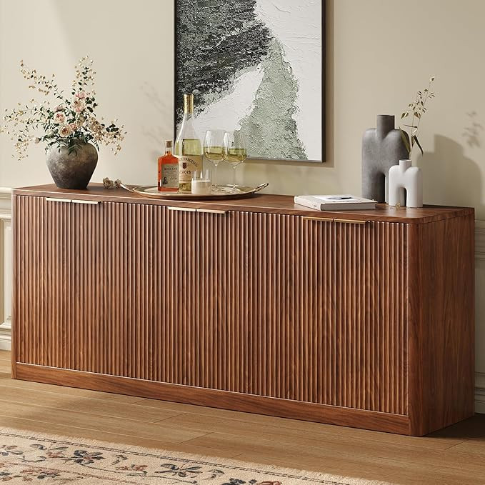 Evermagin 67" Fluted Walnut Buffet Cabinet Sideboard with Storage, Large Credenza with 6 Doors, W... | Amazon (US)