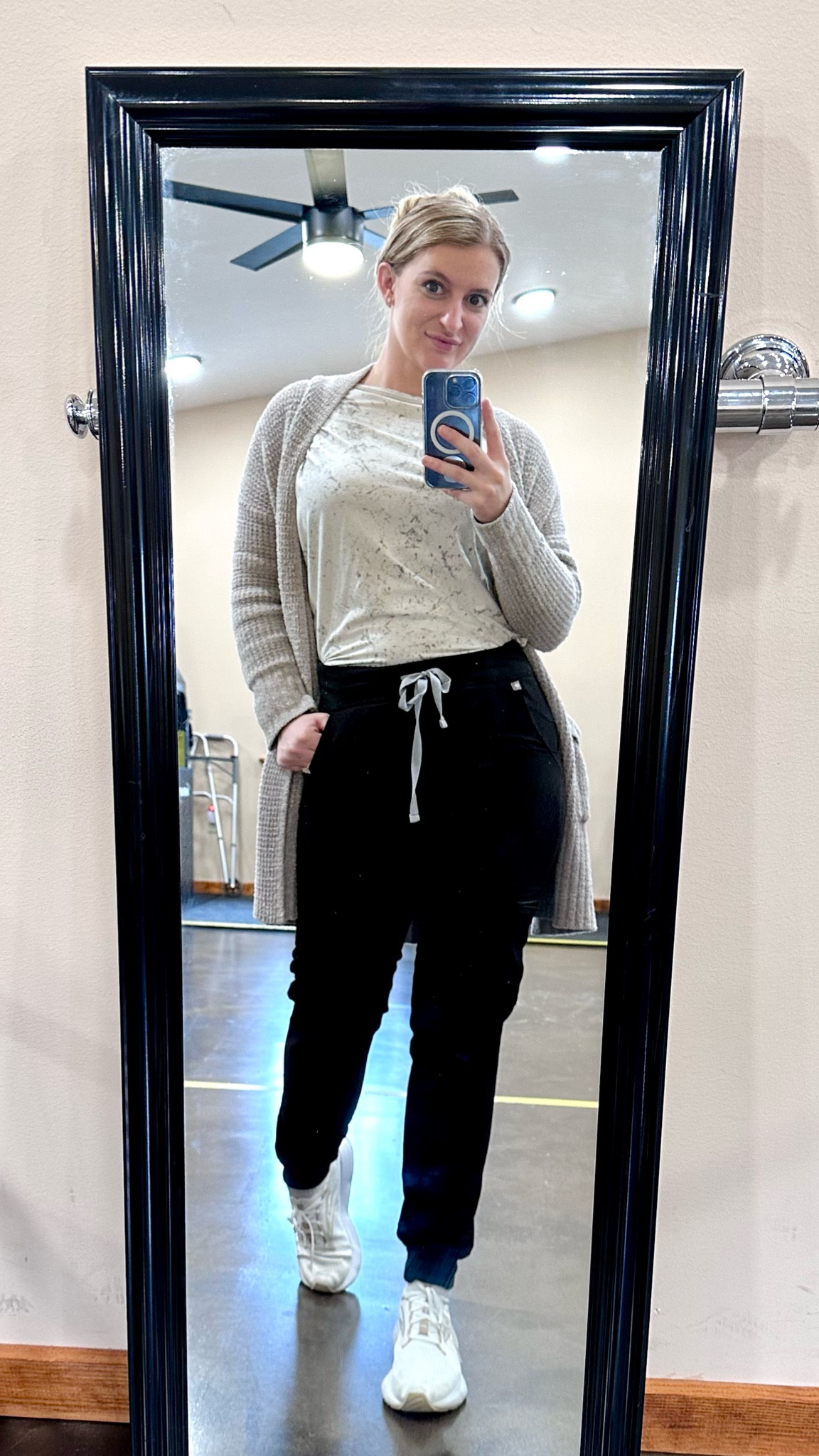Casual Friday 🖤 Comfy FIGS scrub pants with my Back In Action Lululemon top, my favorite sweater, and some Brooks  

#LTKworkwear #LTKMostLoved #LTKmidsize