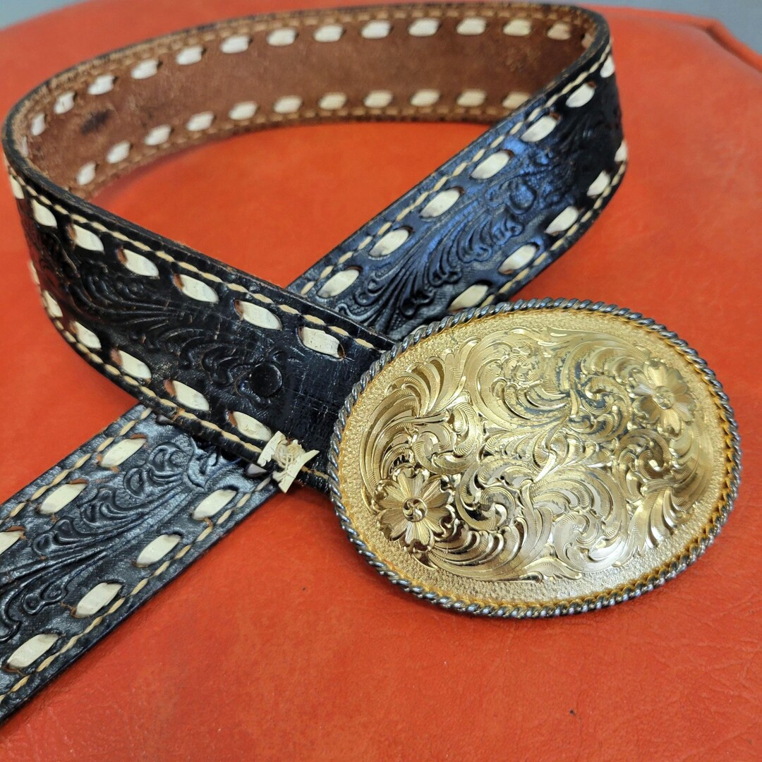 Vintage 70s Black Leather Western Belt: Hand Tooled Floral Buckle, Size 32 | Etsy (US)
