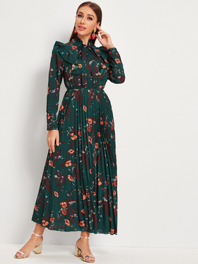 Floral Print Ruffle Trim Tie Neck Pleated Dress | SHEIN