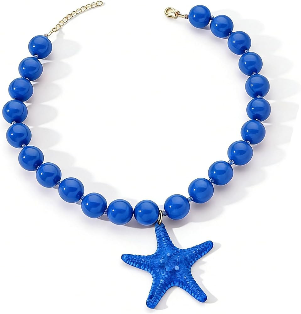 Colorful Chunky Beaded Necklace for Women Bohemian Adjustable Large Round Beads Choker Necklace Retro Resin Starfish Pendant Necklaces Summer Beach Party Jewelry for Women | Amazon (US)