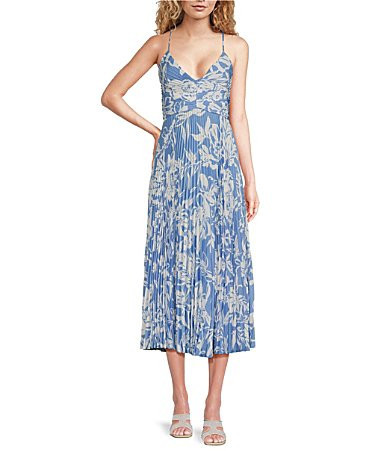 ASTR the Label Blythe Floral Print V-Neck Sleeveless Pleated Midi Dress - L | Dillard's