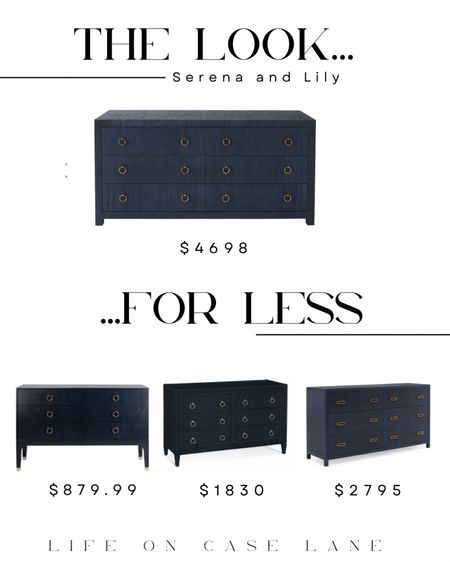 The look for less, save or splurge, serena and lily dupe, furniture dupe, dupes, designer dupes, designer furniture look alike, home furniture, dresser, blue dresser, navy blue dresser, dresser dupe 