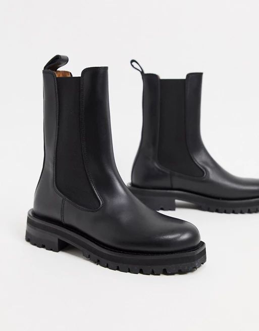 & Other Stories leather tall chunky flat boots in black | ASOS (Global)