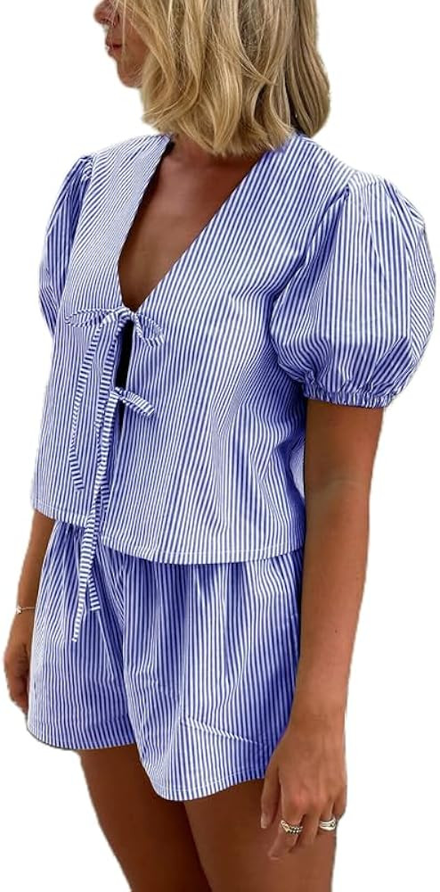 Yuemengxuan Women Striped Casual Lounge Set 2 Piece Pajamas Set Short Puff Sleeve Tie front Shirt... | Amazon (US)