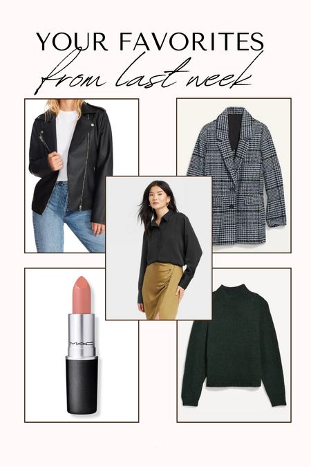 Last weeks most loved 1. Leather jacket 2. Blazer 3. Black satin shirt 4. Nude lipstick 5. Turtleneck sweater 

#LTKbeauty #LTKunder50 #LTKsalealert
