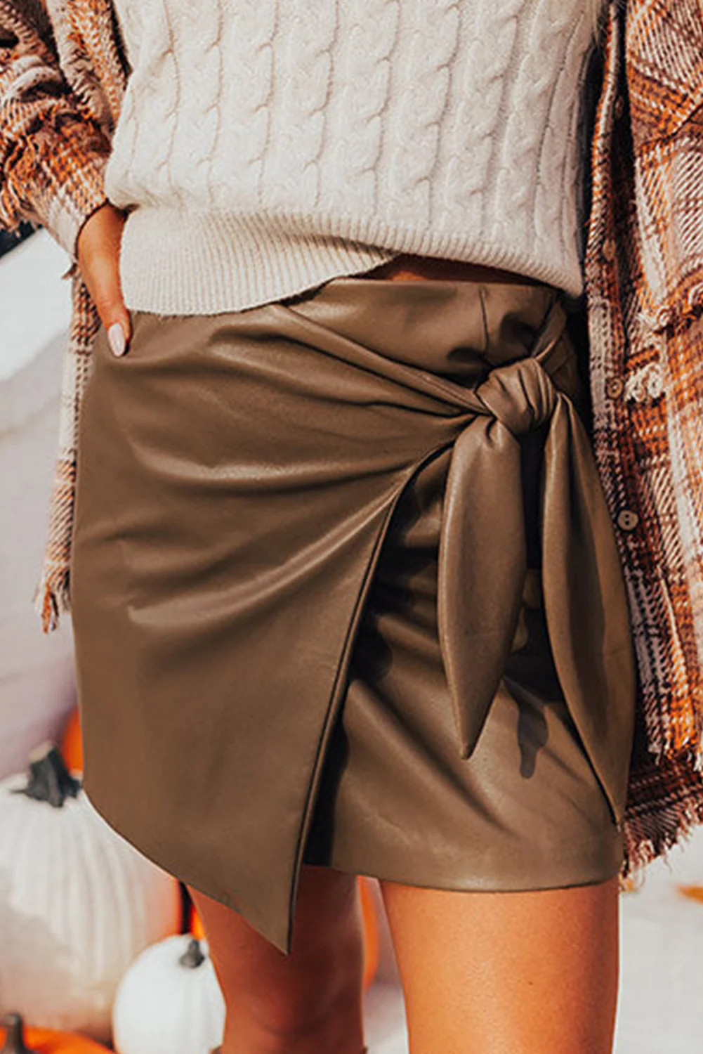 Coffee Bowknot Faux Leather Mini Skirt | Sincerely Sadie Boutique