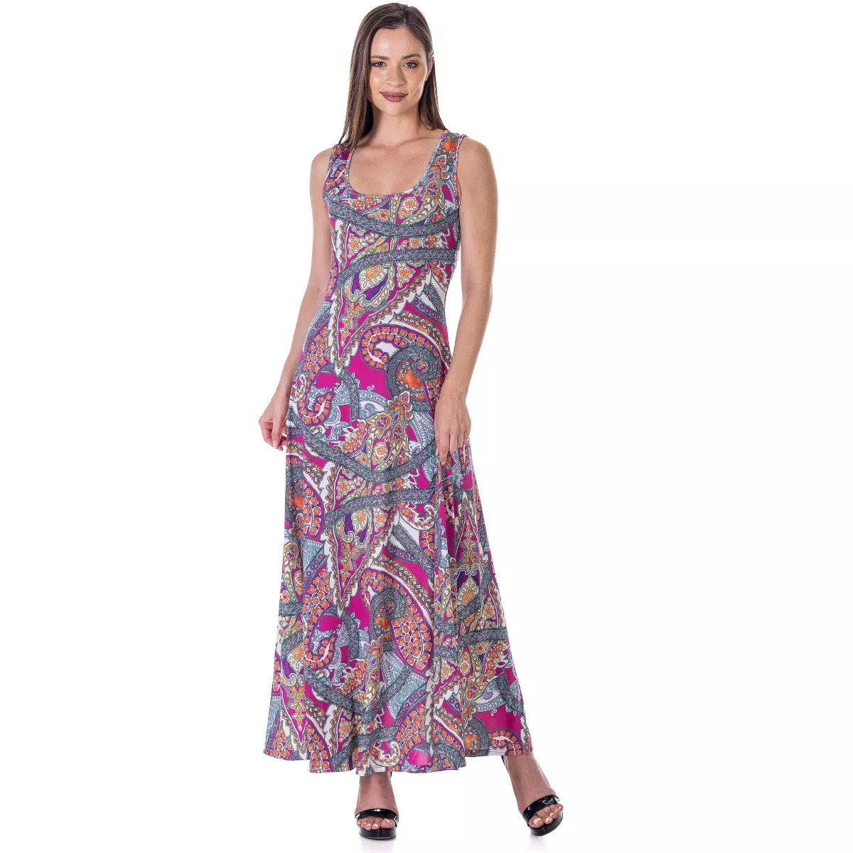 24seven Comfort Apparel Womens Pink Paisley Print Scoop Neck A Line Sleeveless Maxi Dress | Target