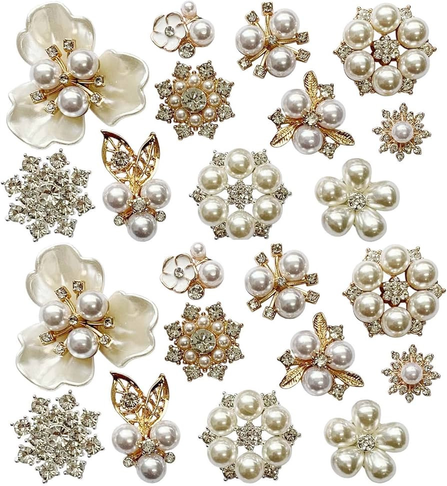 22 Pieces Pearl Rhinestone Buttons Rhinestone Faux Pearl Embellishments Pearl Brooch Alloy Floral... | Amazon (US)