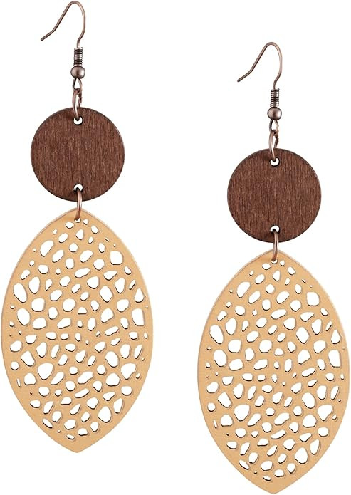 MINACHI Bohemian Hollow Cut-Out Wood Leather Dangle Drop Earrings, Boho Chic Hippie Statement Jew... | Amazon (US)