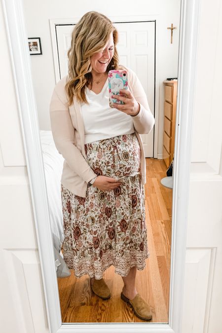 My favorite Amazon skirt!  I’m wearing a large and it still fits my bump at 33 weeks pregnant.  It probably won’t fit in a couple more weeks but if I sized up it likely would.  I’ve had it forever though so it’s in my true size!

Teacher outfit - bump friendly - maternity style - floral skirt - Easter outfit 

#LTKbump #LTKSeasonal #LTKworkwear