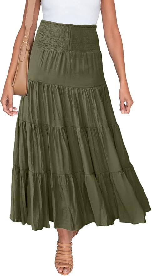 HAEOF Women's 2024 Summer Elastic High Waist Boho Maxi Skirt Casual Drawstring A Line Flowy Long ... | Amazon (US)
