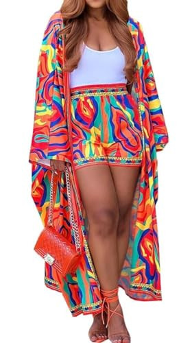 QegarTop Two Piece Vacation Short Sets for Women Chiffon Coverup Kimono Set Flowy Beach Boho Duster M | Amazon (US)