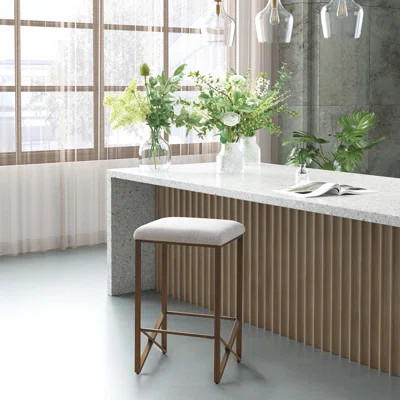 Comfortable Ivory Upholstered Modern Stool For Kitchen Or Bar - Metal & Wood Blend | Wayfair North America