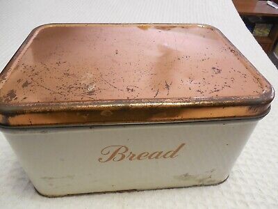 Vintage Metal Tin Hinged Bread Box Copper Top White bottom | eBay US