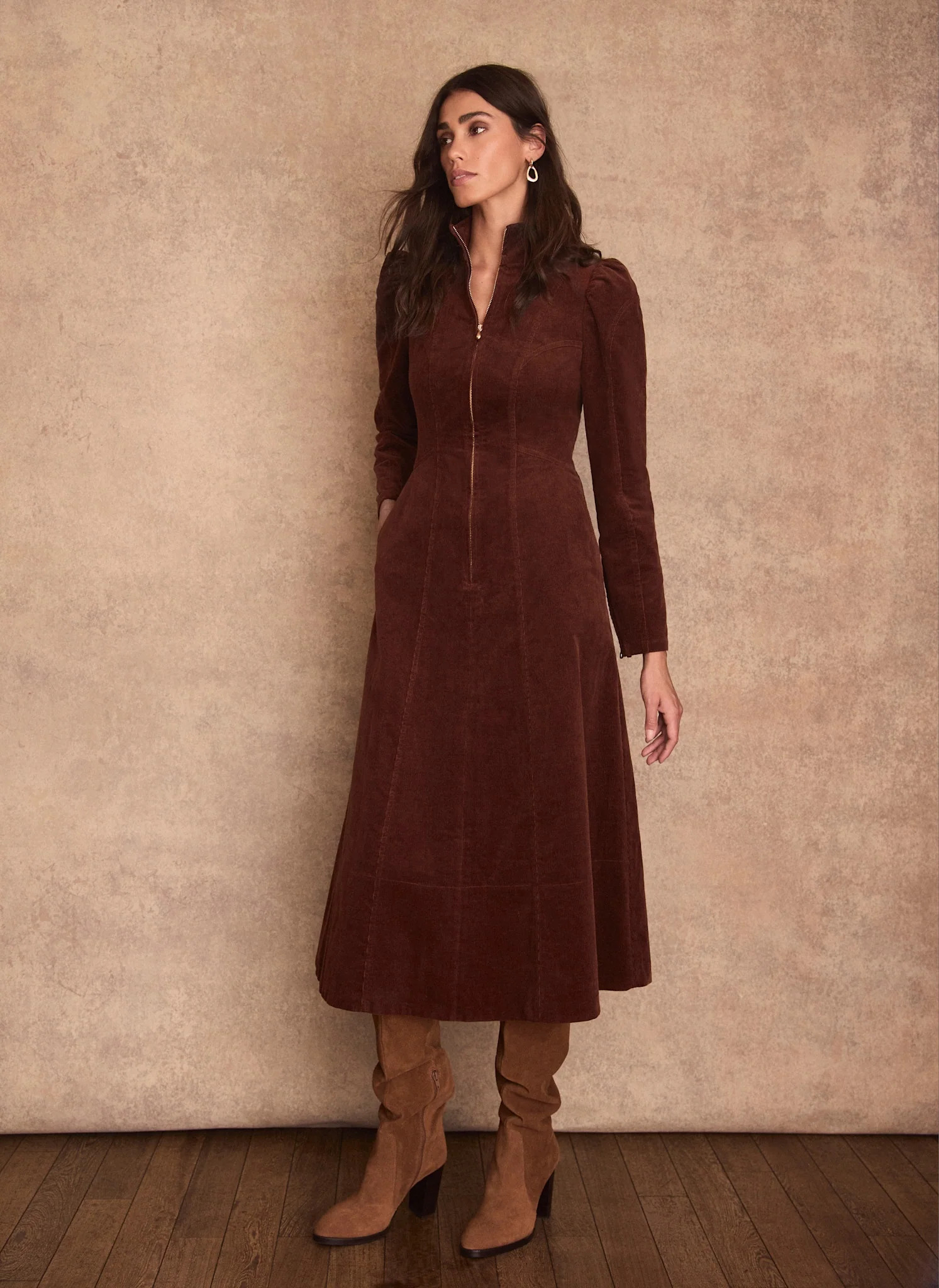Brown Corduroy Stand Collar Midi Dress | Mint Velvet - ROW