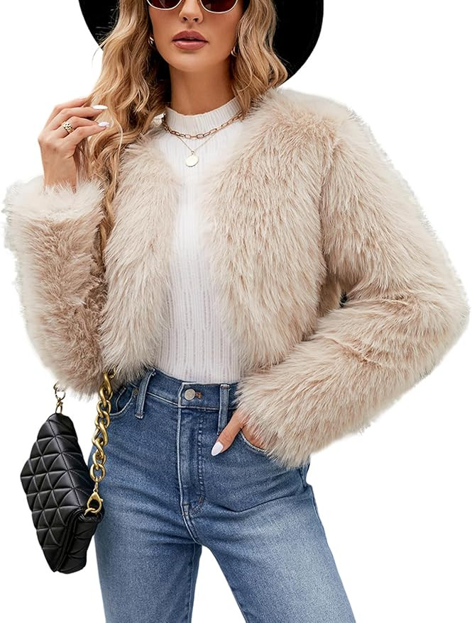 Gihuo Women's Winter Cropped Faux Fur Coat Long Sleeve Open Front Cardigan Fleece Jackets Shaggy ... | Amazon (US)