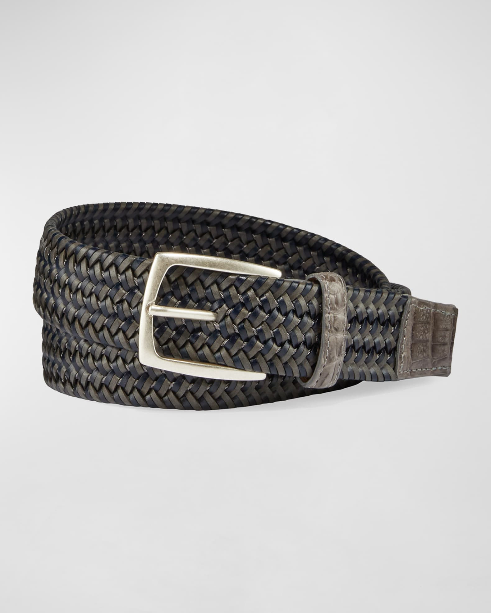 Men's Woven Leather Stretch Belt with Crocodile Trim | Neiman Marcus