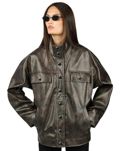 WEWOREWHAT Women's 90's Leather Jacket, Dark Brown, Small | Amazon (US)