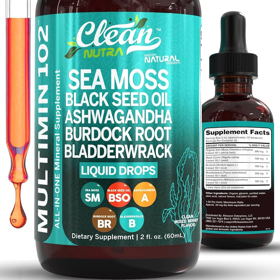 Clean Nutra Organic Sea Moss Drops Supplement | Black Seed Oil Irish Seamoss Ashwagandha Burdock ... | Amazon (US)
