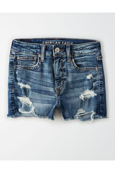 AE Ne(x)t Level High-Waisted Denim Short Short Women's Medium Tinted Indigo 16 | American Eagle Outfitters (US & CA)