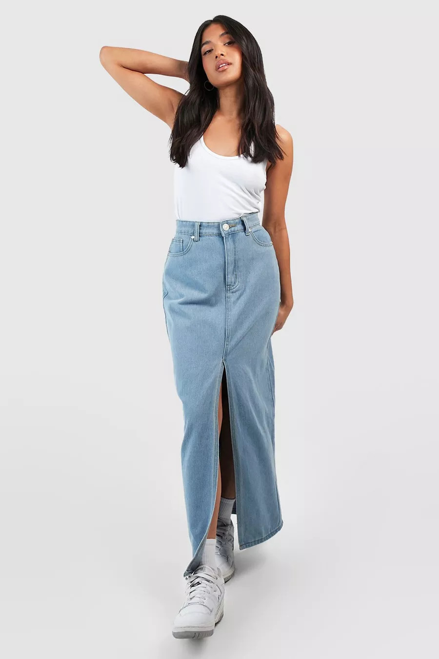 Petite Light Wash Split Front Denim Midaxi Skirt | Boohoo.com (UK & IE)