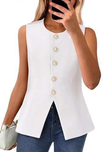 BTFBM Summer Sleeveless Blazer Vest For Women Dressy Button Down Round Neck Business Casual Outfits Work Suit Vests Tops(White, Large) | Amazon (US)