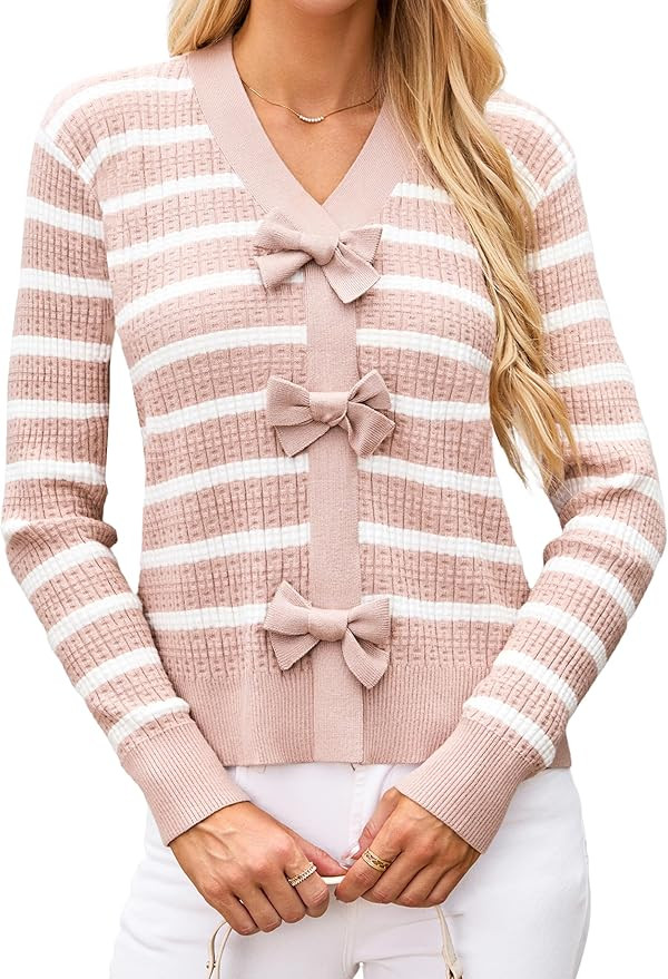 Blooming Jelly Womens Fall Sweaters Striped Cropped Sweater Lightweight Knit Sweater Bow V Neck P... | Amazon (US)