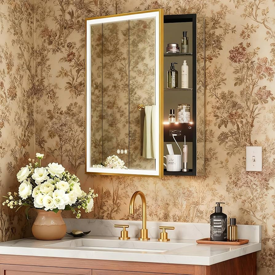 24x32 Premium Gold Framed Medicine Cabinet with Lights, 3-Color/Dimmable, Anti-Fog, Aluminum, Plu... | Amazon (US)