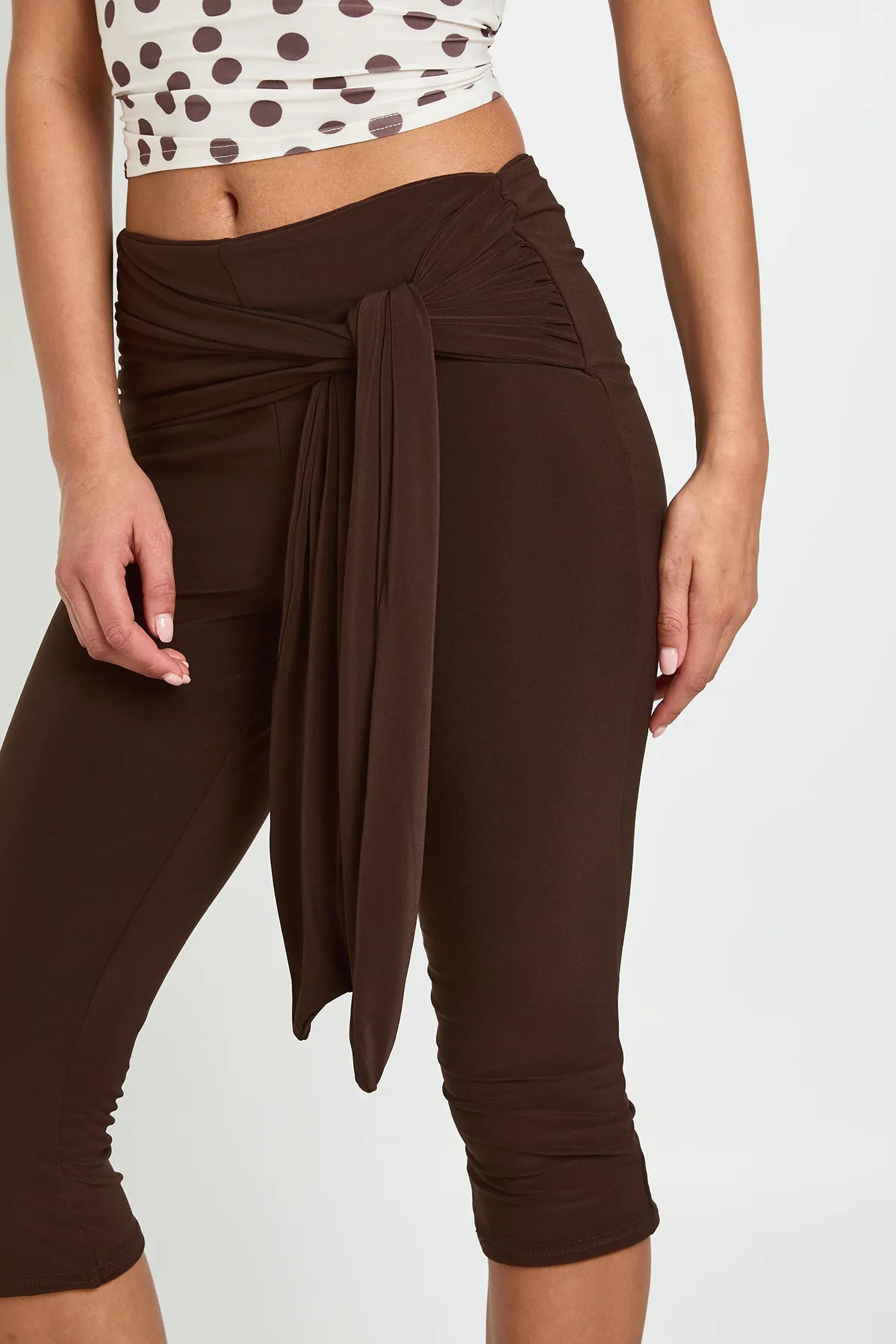 boohoo Women's Double Layer Slinky Tie Waist Capri in Chocolate | Size: 12 | Polyurethane | boohoo (US & Canada)