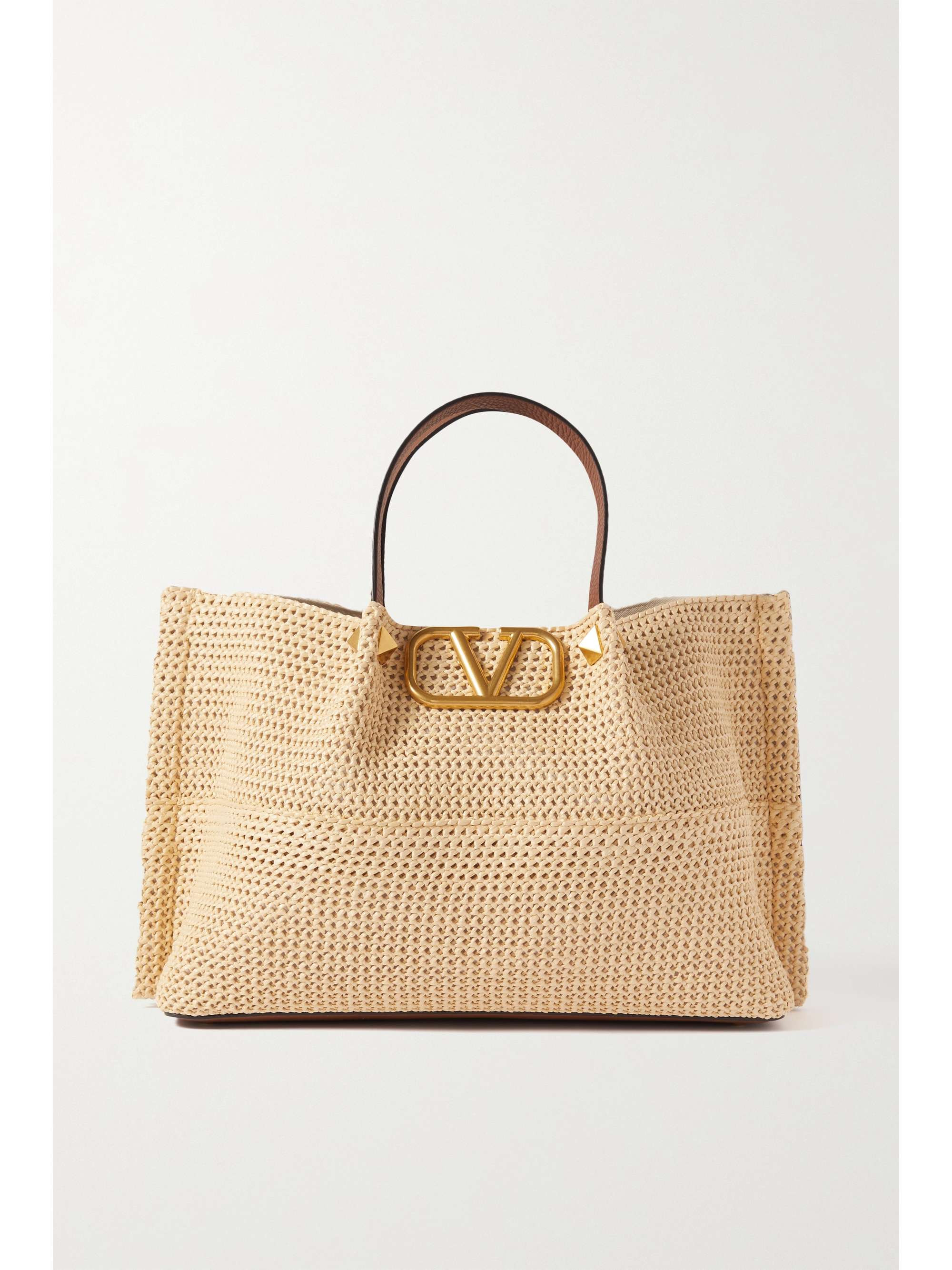 Valentino Garavani VLOGO medium leather-trimmed raffia tote | NET-A-PORTER (US)